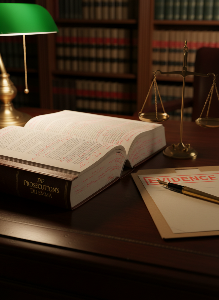 A heavy, leather-bound legal thriller manuscript resting open on a dark mahogany desk, its cream-colored pages filled with dense, neatly typed text and red-ink annotations in the margins. Beside it lies a vintage brass fountain pen, a worn case file folder stamped “EVIDENCE,” and a small brass scale of justice. The scene is set in a quiet, wood-paneled Boston law office at night, illuminated by the warm, focused glow of a green-shaded banker’s lamp that creates dramatic highlights and deep shadows. Shot at eye level with a shallow depth of field, the manuscript spine and title are in razor-sharp focus while the background of blurred law books fades softly, evoking a tense, professional, photographic realism.