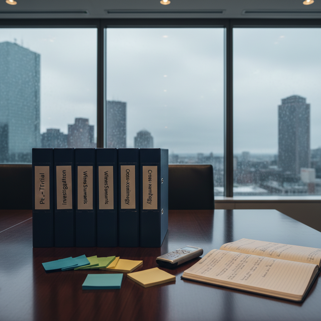 An orderly arrangement of thick, navy-blue trial binders, each labeled with white spine tags reading “Pre-Trial Investigation,” “Witness Statements,” and “Cross-Examination Strategy,” standing in a precise row on a polished conference table. A spread of color-coded sticky notes, a silver digital recorder, and a legal pad filled with meticulous handwritten trial questions fan out in the foreground. Floor-to-ceiling windows reveal a blurred, rainy Boston skyline beyond. Cool overcast daylight filters through the glass, balanced by subtle recessed ceiling lights, creating soft reflections on the table’s surface. Captured from a slightly elevated angle with photographic realism, the composition uses the rule of thirds to emphasize the binders, conveying a mood of disciplined preparation and quiet intensity.